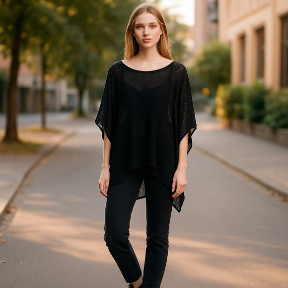NWT ZARA Black Oversized Wool Blend Knit Poncho Cape Semi Sheer  Bloggers Fave - Picture 1 of 7